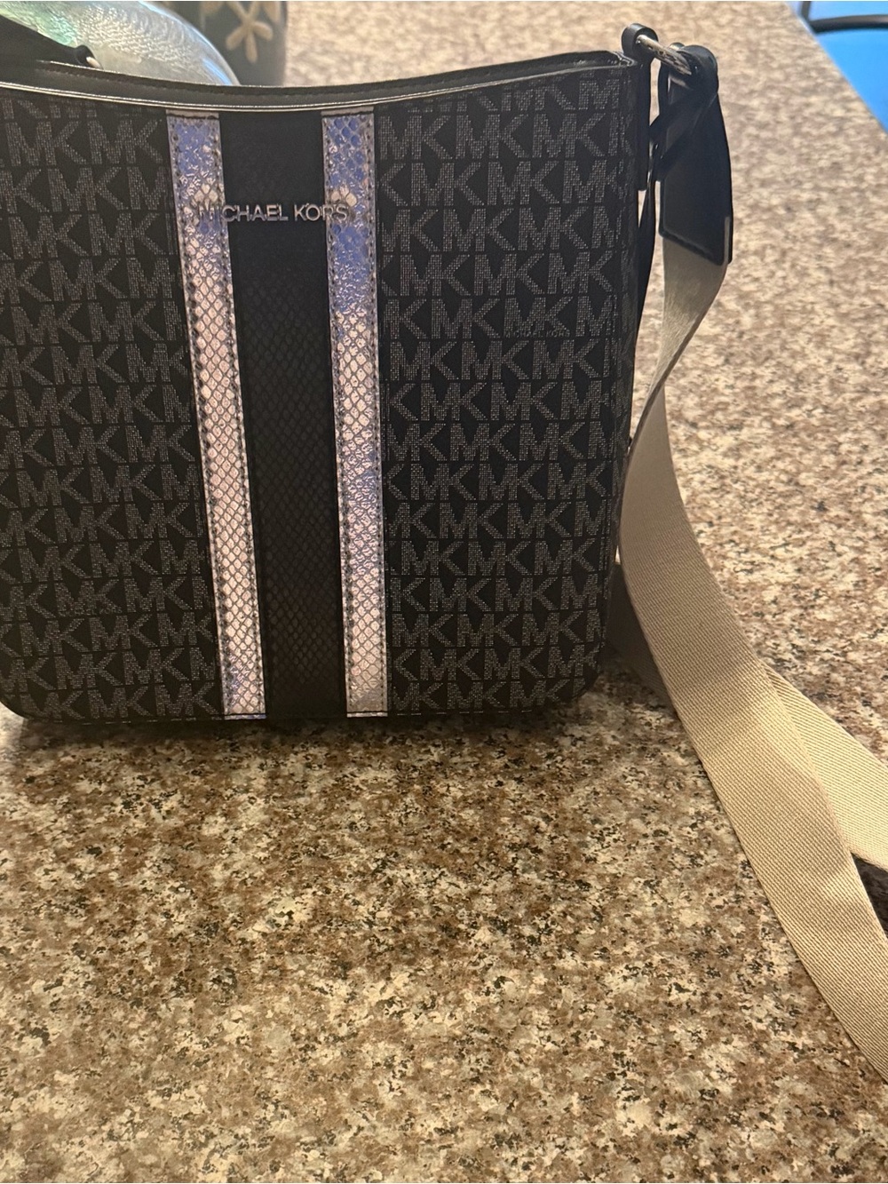 Michael Kors Black Messenger Bag with Iridescent Stripe Accents